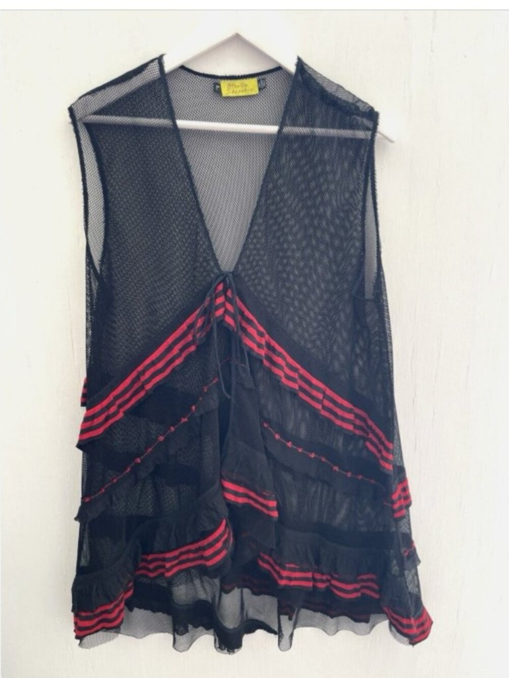 Giselle Shepatin Black Mesh Vest Art-to-wear Tie-Front Jacket Ruffles Tiered L